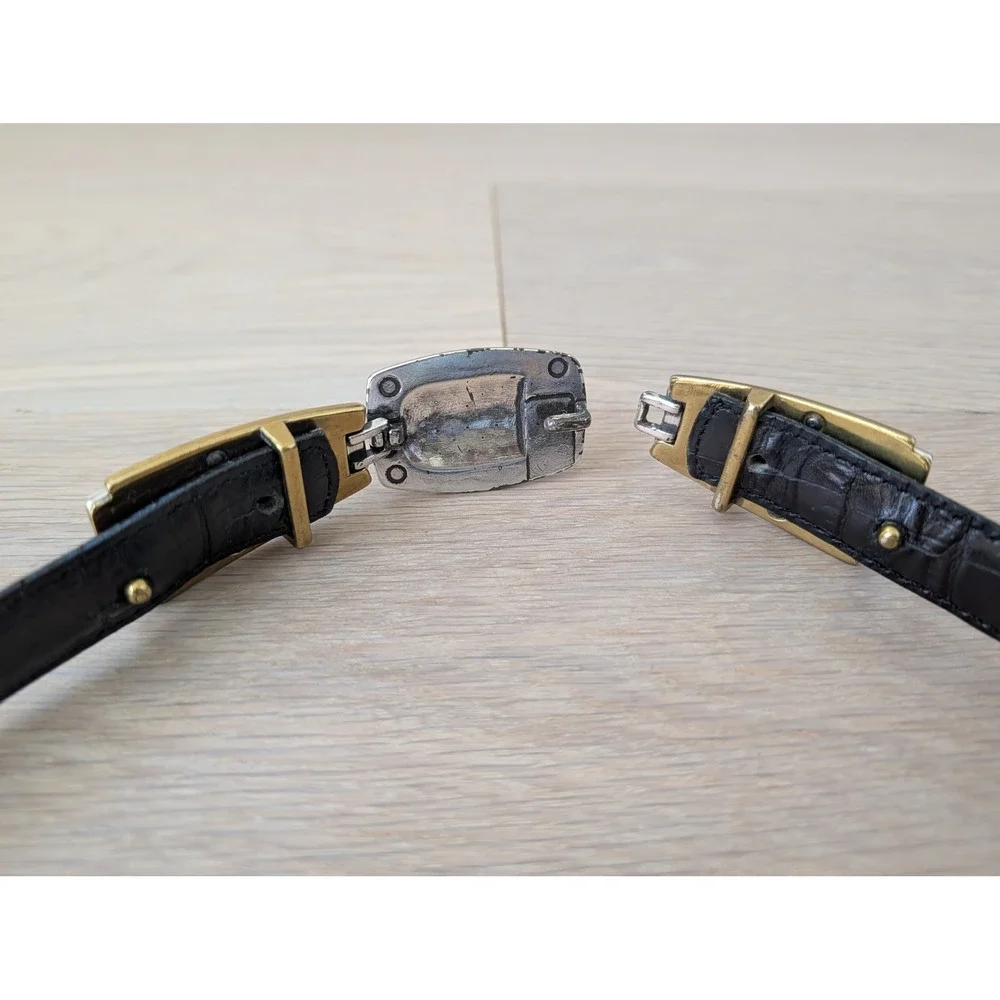 Vintage Woven Metal Accent Leather Black Embossed Leather Statement Belt Small
